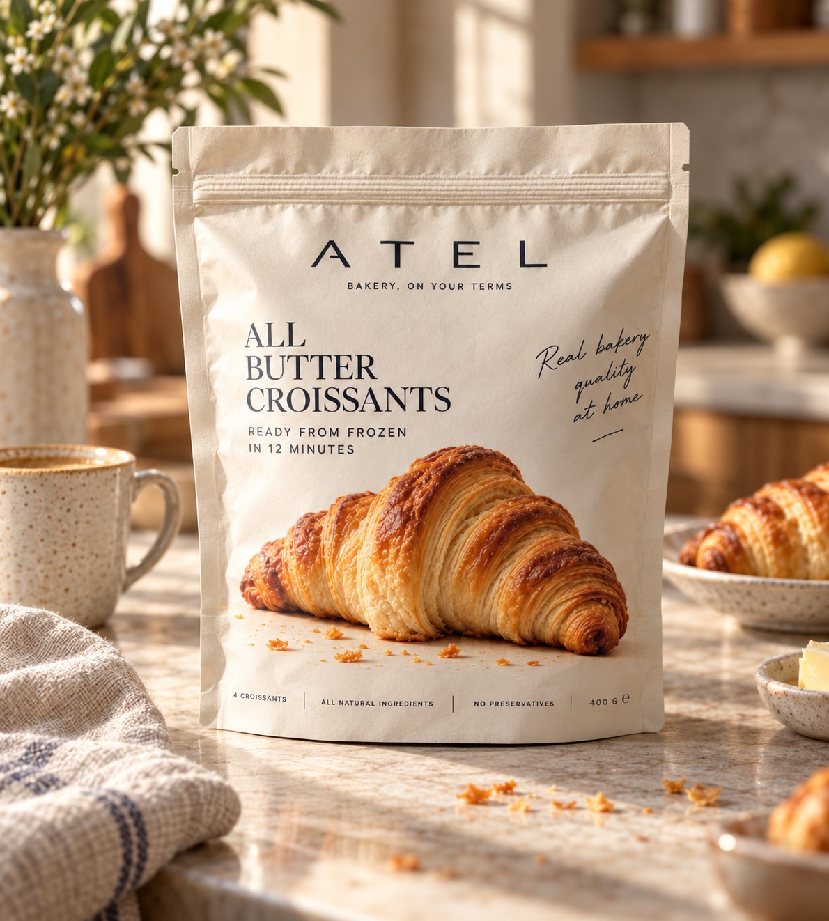 ATEL All Butter Croissants pouch on a sunny kitchen counter